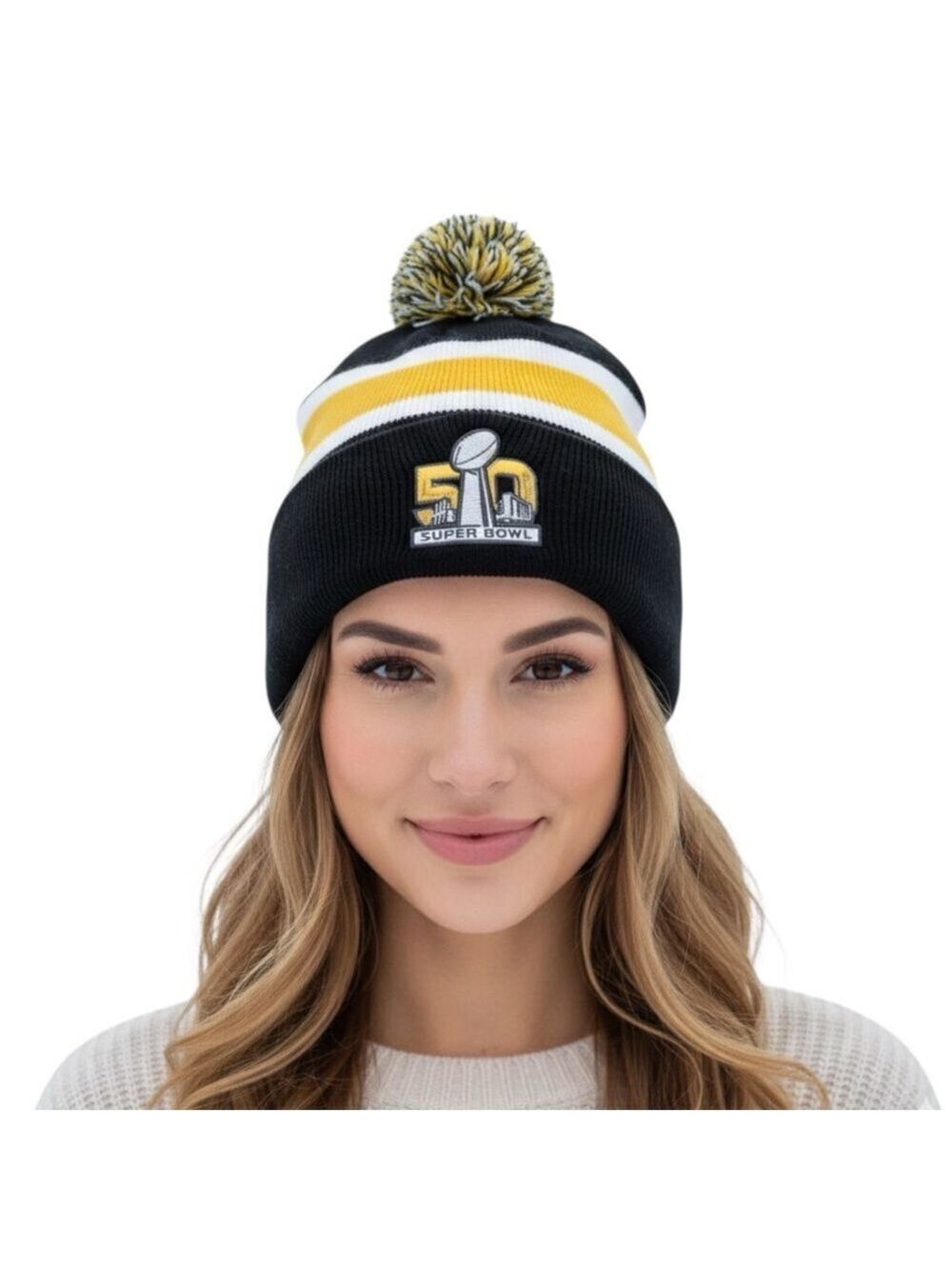 '47 Brand Super Bowl 50 NFL Knit Pom Beanie Black Gold One Size